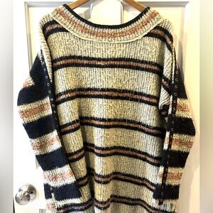 Free People Oversized Tunic Length Striped Sweater - Cream, Black, Brown